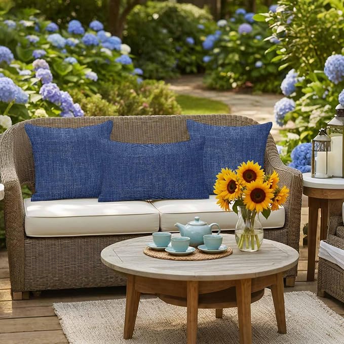 Outdoor Waterproof Throw Pillow Covers Set of 2 Navy Blue Linen Pillowcases 16x16 Inches Farmhouse Pure Color Decorative Pillows Cushion Case Patio Pillows for Couch Bed Chair Garden