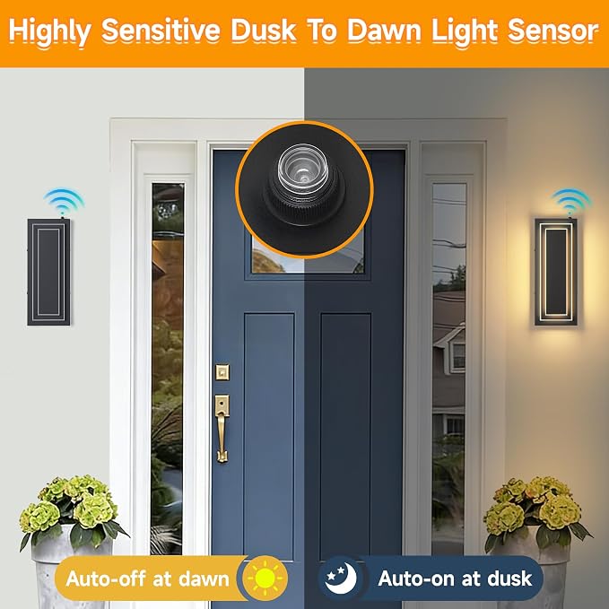 Dusk to Dawn Outdoor Wall Sconce,Outdoor Light Fixtures,16 in,24W | Black, Modern Square Exterior Lights Wall Mount For House,Garage ,Porch,Patio, With 3000K Warm White LEDs,Waterproof ,2 Packs
