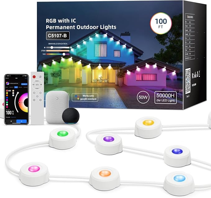 RGBW Permanent Outdoor Lights for House 100ft, with 72 LED Bulbs | IP65 Waterproof, 54 Scene Modes, 2700K Warm White, Individual Control, Permanent Lights Compatible with Alexa, Google