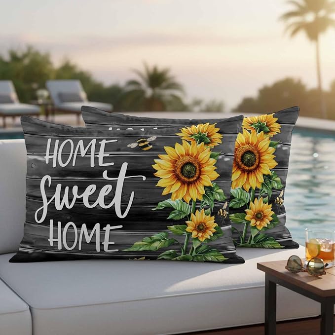 Lumbar Pillow Covers 20x12 Inch Set of 2, Spring Sunflowers Waterproof Outdoor Pillow Covers, Black Wooden Grain Country Farm Decorative Cushion Pillowcases for Couch, Sofa, Bed, Garden, Patio