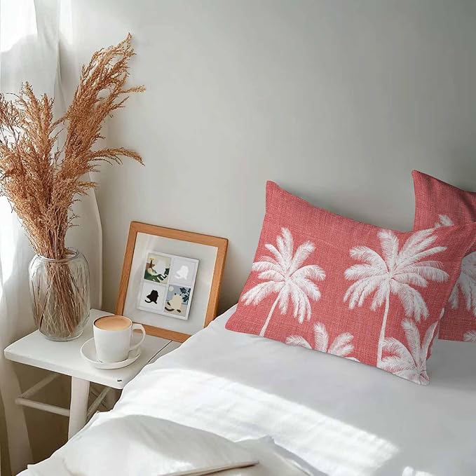 Lumbar Pillow Covers 20x12 Inch Set of 2, Coral Red Palm Trees Waterproof Outdoor Pillow Covers, Farmhouse Tropical Summer Beach Decorative Cushion Pillowcases for Couch, Sofa, Bed, Garden, Patio