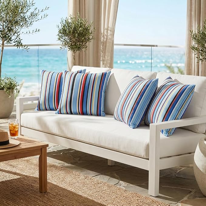 Pyonic Set of 2 Outdoor Pillow Covers 20x20 inch Waterproof Navy Nautical Striped Outdoor Pillow Covers Square Patio Pillows for Patio Tent Garden Beach