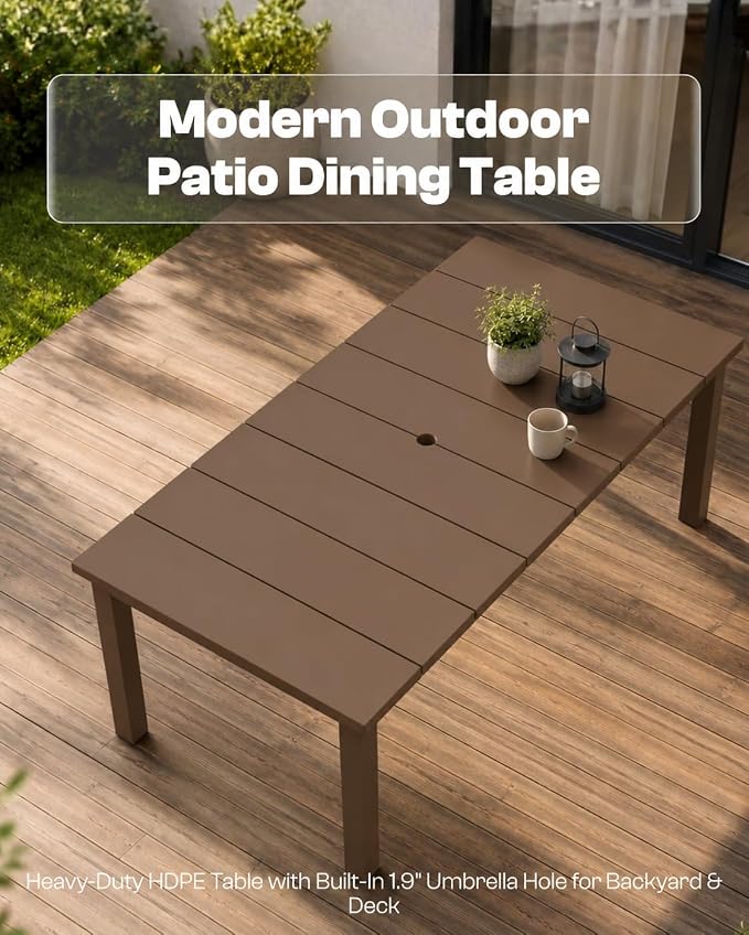 75.2" HDPE Outdoor Dining Table for 4-6 People, Rectangular Patio Dining Table with Umbrella Hole, All Weather Patio Dining Outdoor Table for Deck, Backyard and Garden, Brown