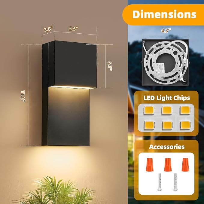 11.8'' LED Outdoor Wall Light, Black Exterior Lighting Fixture,2 Pack | Hardwired, Warm White 3000K, Modern Outside Porch Lights Fixtures, Built-in LED Indoor Outdoor Sconce for House Garage Patio