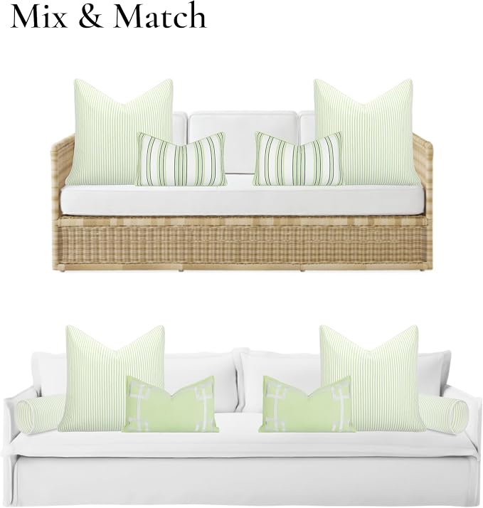 Hofdeco Premium Coastal Hampton Outdoor Performance Throw Pillow Cover Only, 22"x22" Water Repellent, UV and Fade Resistant for Backyard, Couch, Poolside, Grass Green Woven Coastline Stripes