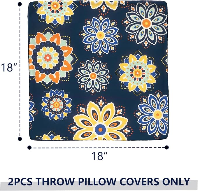Outdoor Throw Pillow Covers 18x18 Inch, Decorative Pillow Covers for Patio Furniture, Bloom Medallion‌Cobalt Modern Cushion Cases for Garden Couch Home Sofa, Pack of 2