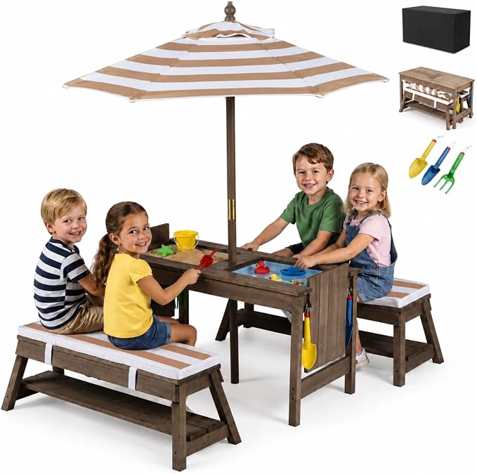 HONEY JOY Kids Picnic Table, 4 in 1 Fir Wood Toddler Sand & Water Table w/Removable Box & Umbrella, Waterproof Cover, Garden Tools, Children Outdoor Table and Bench Set with Cushions (Coffee)