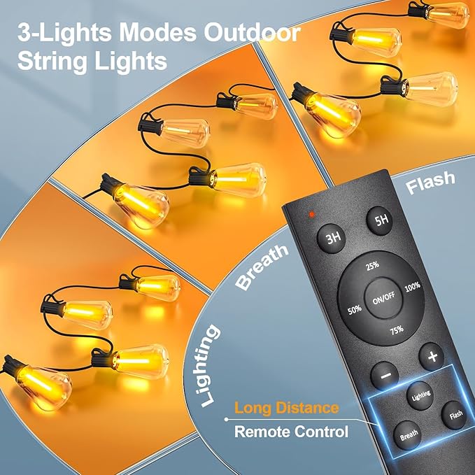 MGVIH Outdoor String Led Patio Lights: 65Ft 20M Outside Waterproof Light with Remote Dimmable ST38 Shatterproof Bulb Connectable Hanging Outdoor Electric Lighting for Backyard Yard Gazebo Porch Party