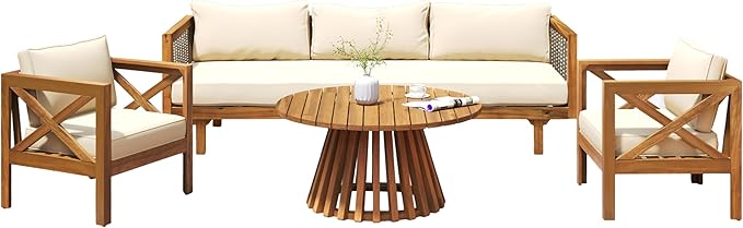 Merax Outdoor 4-Piece Acacia Wood Conversation Set - Patio 3-Seat Loveseat Sofa Daybed with Cushion, 2 Armchair and Round Coffee Table for Backyard, Lawn, Balcony, Beige + Teak