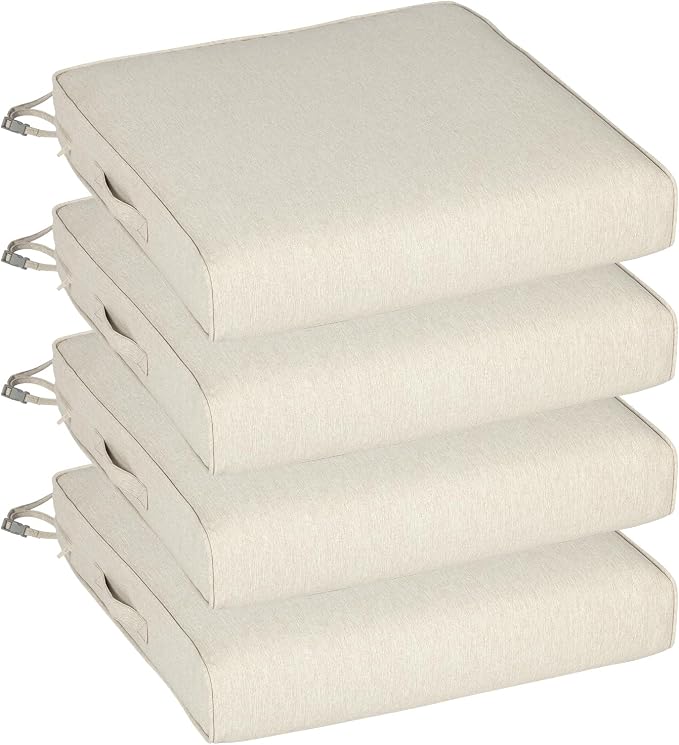Aoodor Patio Chair Cushions Set of 4, 24 x 24 x 4 Inch Water Resistant Outdoor Seat Cushions with Handle and Ties, Square Corner Cushions for Patio Furniture Garden Lawn, Khaki