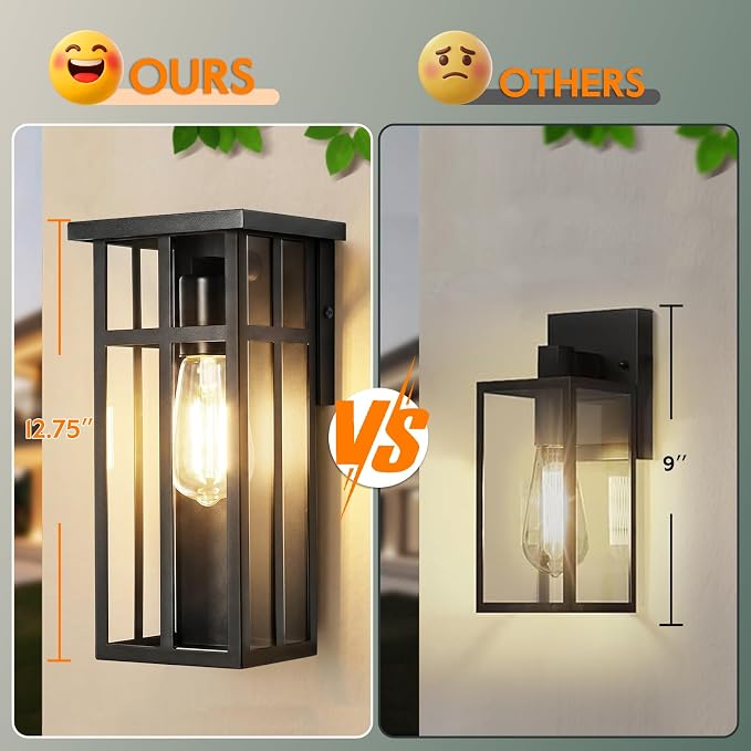 Outdoor Wall Light Fixtures, Modern Black Porch Wall Lights | Waterproof Construction & Durable Metal, Rust-Resistant, Quick & Easy Installation, Clear Glass Shades & Standard E26 Socket