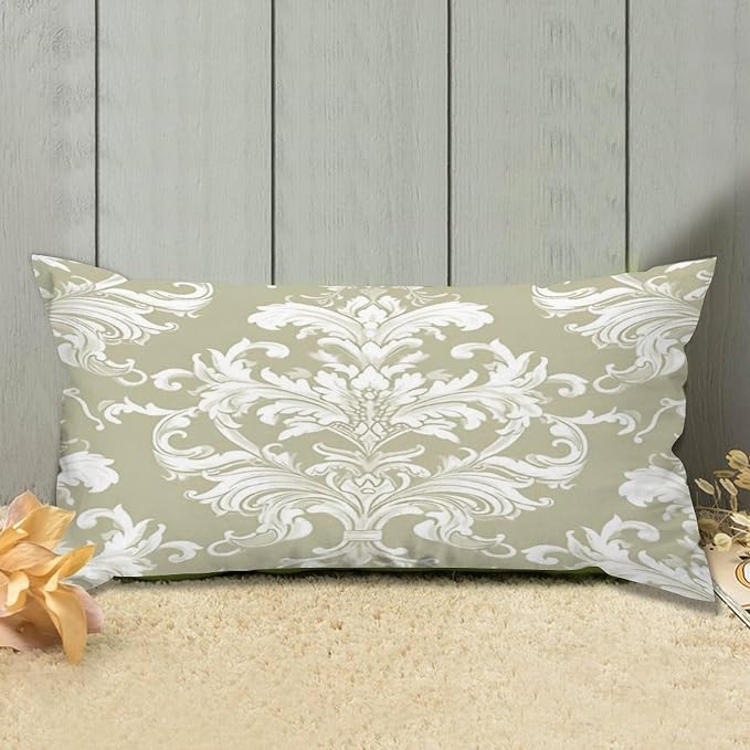 Set of 2 Tan Off Green White Damask Pattern Print Pillow Covers 12x24in Farmhouse Canvas Cushion Covers Outdoor for Couch Chair Home Decor for Family Friends