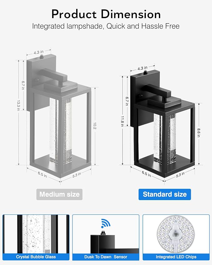 VIANIS Black Porch Lights Outdoor Dusk to Dawn, Modern Exterior Garage Lighting Fixture Wall Mount for House, 100% Aluminum Outdoor Wall Sconce Lantern for Coach with Integrated 10W LED Light Source