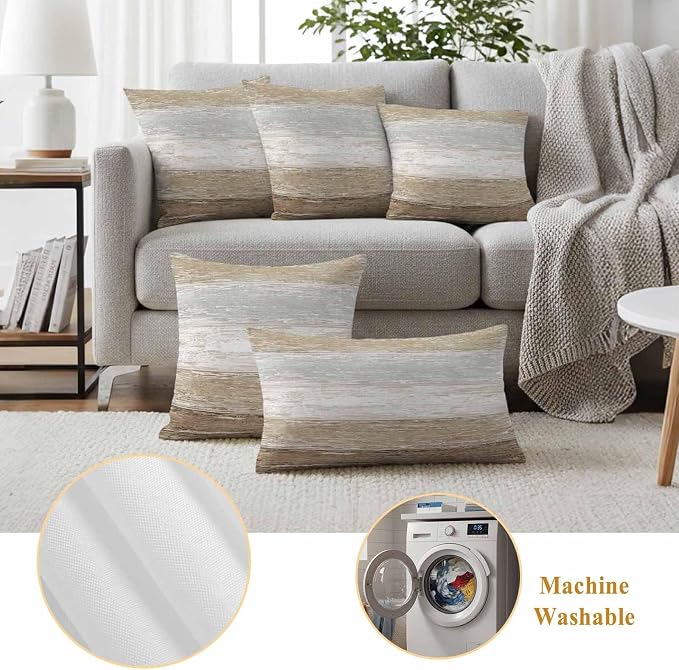 Outdoor Waterproof Throw Pillow Covers, Vintage Brown Grey Decorative Pillow Cases, Farmhouse Barn Wooden Striped Couch Pillow Protector Patio Sofa Cushion Covers Replacement 16"x16" 2 Pack