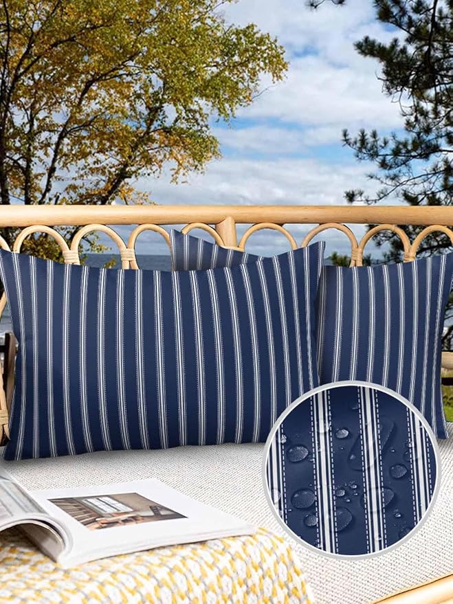 Outdoor Waterproof Throw Pillow Covers Set of 2 Navy Blue Stripe Lumbar Pillowcases 20x12 Inches Vertical Striped Patio Decorative Pillows Cushion Case Patio Pillows for Couch Bed Chair Garden