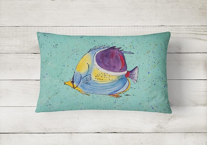 Caroline's Treasures 8576PW1216 Tropical Fish on Teal Canvas Fabric Decorative Pillow Machine Washable, Indoor Outdoor Decorative Pillow for Couch, Bed or Patio, 12HX16W