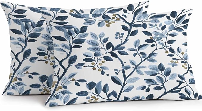 Lumbar Pillow Covers 20x12 Inch Set of 2, Navy Blue Botanical Waterproof Outdoor Pillow Covers, Summer Spring Leaves Decorative Cushion Pillowcases for Couch, Sofa, Bed, Garden, Patio