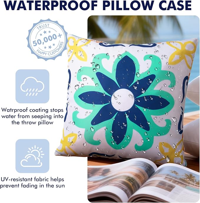 Waterproof Outdoor Pillow Covers, 4 Pack 18x18 Throw Pillow Covers | Blue Decorative Pillow Covers, Floral & Boho Print, Waterproof & Fade Resistant, Garden Cushion Case for Patio Furniture