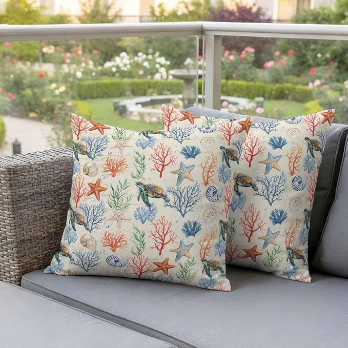 Summer Ocean Outdoor Waterproof Pillow Covers Pack of 2, Vintage Nautical Sea Turtles Shells Corals Starfish Decorative Throw Pillowcases Cushion Covers for Garden Patio Tent Sofa Couch, 18x18 inch