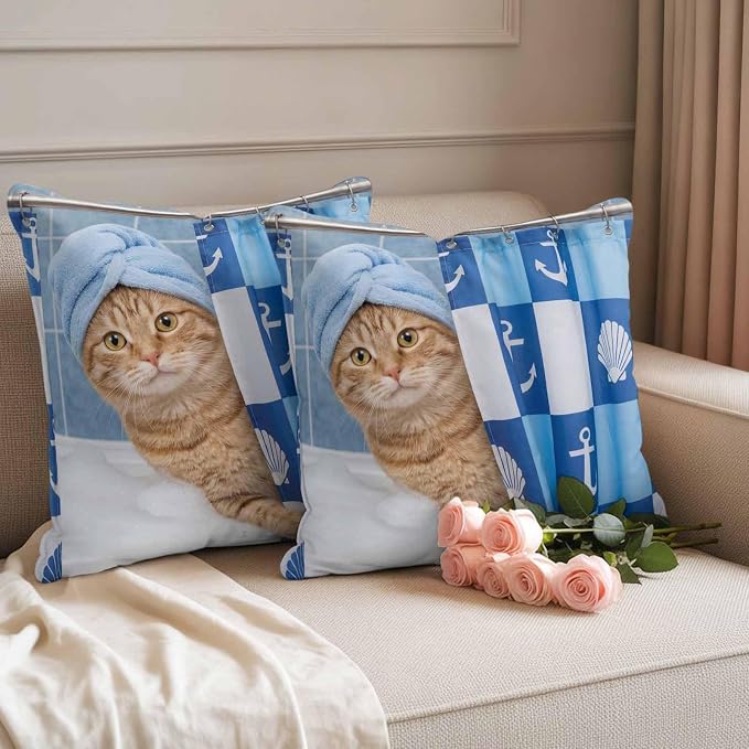 Bathing Cat Waterproof Outdoor Pillow Covers Set of 2 Home Decor, Funny Animal Showering Pillowcase Patio Pillow Covers for Couch Bench Patio Furniture Garden 24x24in