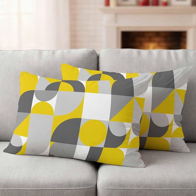 Mid Century Outdoor Waterproof Throw Pillow Covers Set of 2, 20"x12", Yellow Grey Abstract Retro Geometric Modern Decorative Pillow Covers Outside Cushion Case for Patio Porch Garden