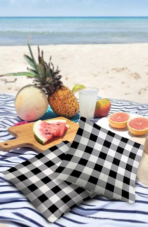 Outdoor Waterproof Pillow Covers for Patio Furniture Buffalo Check Decorative Throw Pillow Cover Black White Plaid Rustic Pillowcases Set of 2 Cushion Case for Sofa Couch Chair Home Decor 18 x 18 Inch