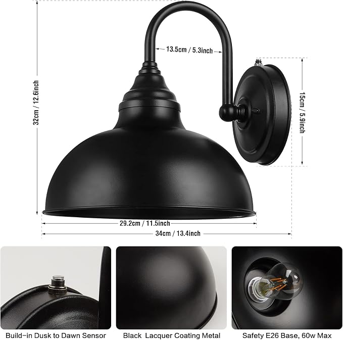 Barn Light Gooseneck Light- Dusk to Dawn Farmhouse Outdoor Lighting, 1-Light Outdoor Gooseneck Lighting with Sensor Farmhouse Wall Sconce for Patio Porch Garage (11.8" Diameter, 1pc) | Black, 1-Light Outdoor Gooseneck Lighting, With Sensor, Farmhouse W...
