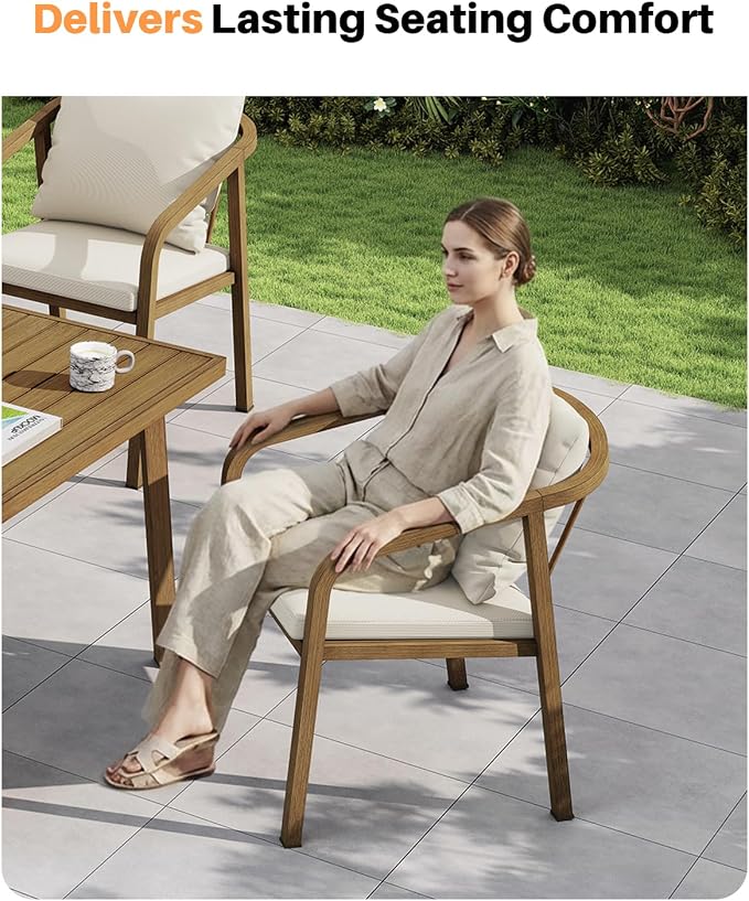 Outdoor Dining Chairs Set of 4, Never-Rust Aluminum Patio Dining Chairs with Removable Cushion, Ergonomic Patio Chairs with Wraparound Seating Design for Deck, Lawn, Commercial, Garden, Teak
