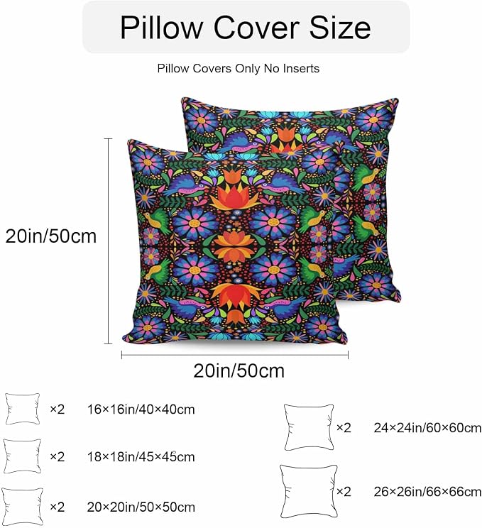 Outdoor Waterproof Throw Pillow Covers Set of 2 Colorful Mexican Floral Pillowcases 26x26 Inches Bird Rustic Assorted Flower Decorative Pillows Cushion Case Patio Pillows for Couch Bed Chair Garden