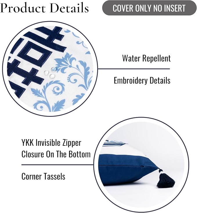 Hofdeco Premium Coastal Hampton Patio Indoor Outdoor Throw Pillow Cover Only, 20"x20" Water Repellent for Backyard, Couch, Poolside, Navy Blue Embroidered Happiness Chinoiserie Vase