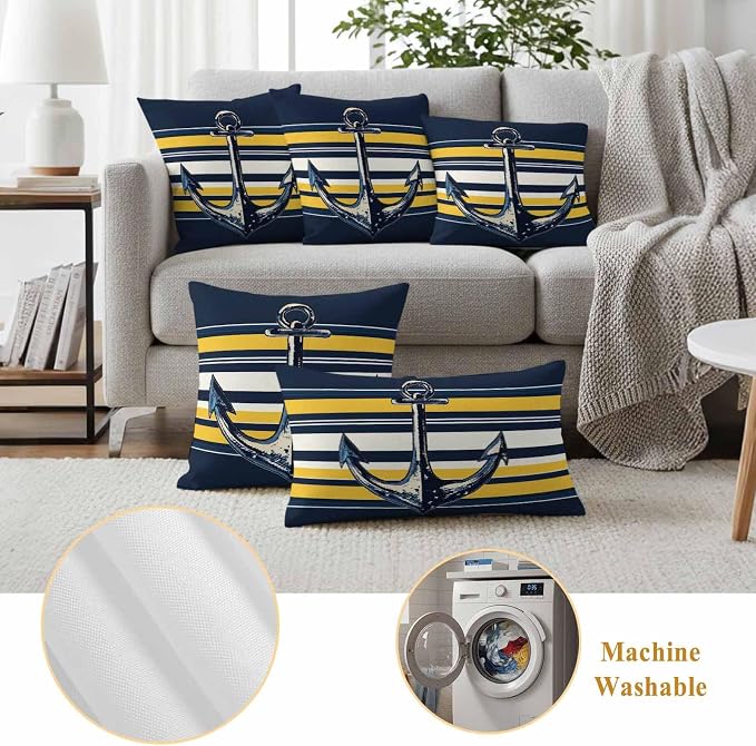 Vintage Anchor Outdoor Waterproof Pillow Covers Set of 2, Yellow Blue Striped Pillowcase Decorative Throw Cushion Cases for Patio Garden Couch 20 x 12 Inches