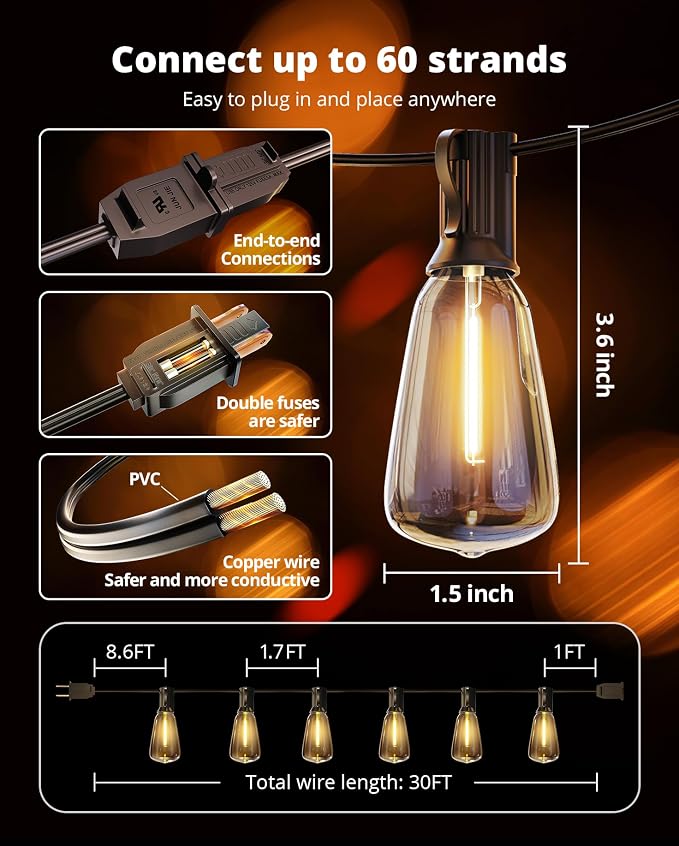 VIPAR Outdoor String Lights, 30FT LED Patio Lights Waterproof 14 ST38 Bulbs | Shatterproof,Edison Outside Lights,Plug-In,2700K Dimmable, Connectable, Hanging Light for Porch Garden Backyard Deck Balcony