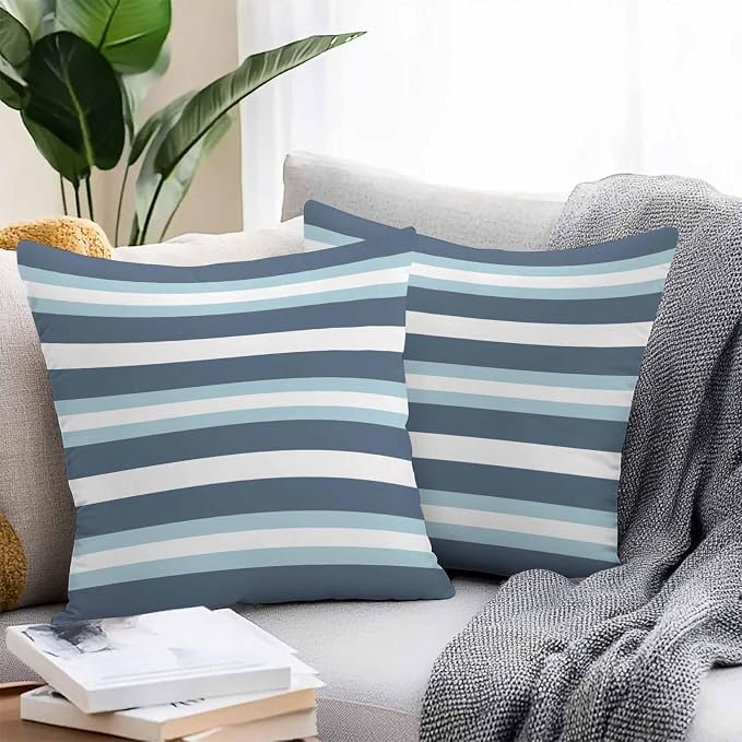 Blue Striped Outdoor Pillow Covers Waterproof, All Weather Cushion Case Set of 2, Modern Gradient Abstract Lines Aesthetic Decorative Pillowcases for Sofa Couch Bed Decor Patio Furniture 16"x16"