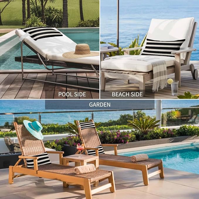 Modern Stripes Lines Outdoor Head Pillows for Recliner Lounge Chair,Pack of 2 Waterproof Throw Pillow Cushion Cases with Insert&Elastic Strap,Vintage Black and White Neck Pillow for Patio Beach
