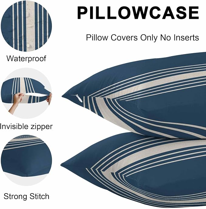 Navy Blue Beige Striped Outdoor Pillow Covers 20x20 Inch Throw Pillow Covers Set of 2 Waterproof Decorative Pillow Cases Modern Farmhouse Retro Lines Cushion Covers for Patio Furniture Garden Couch