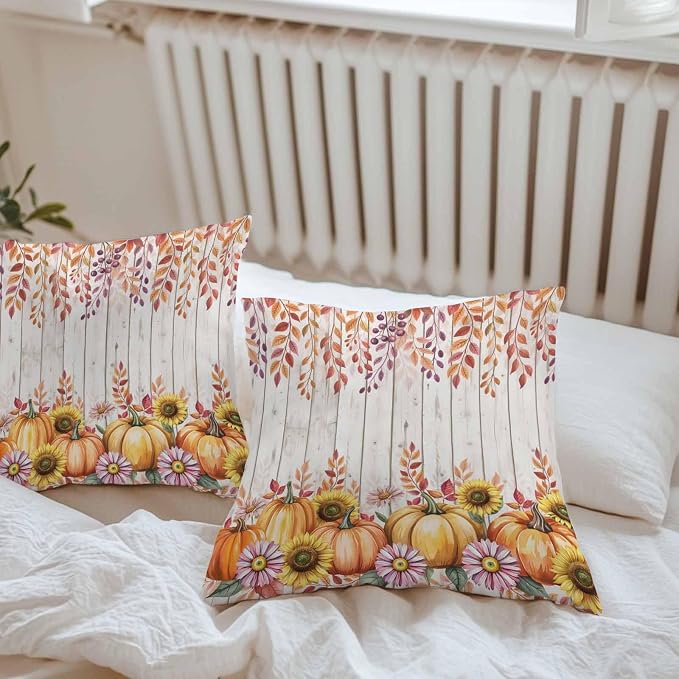 Orange Pumpkins Outdoor Waterproof Pillow Covers, Eucalyptus Leaves Sunflowers Wood Grain Decorative Square Throw Pillowcase Sofa Cushion Sham for Patio/Couch/Chair, 26"x26" 2 Pack