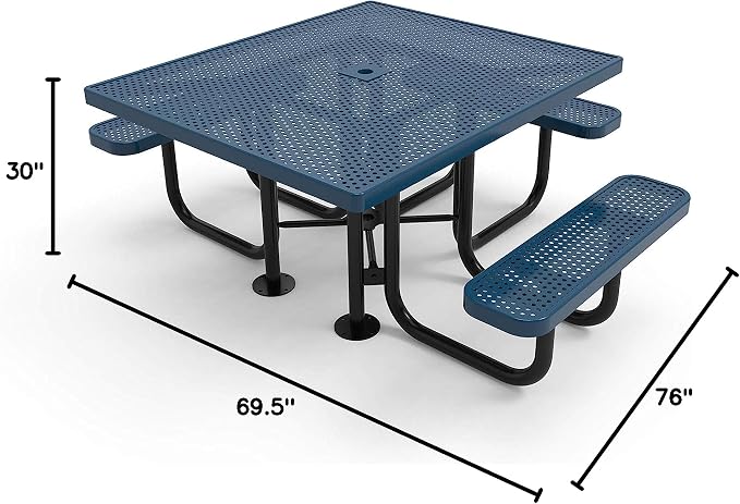 COATEDOUTDOORFURNITURE Heavy-Duty Portable ADA-Compliant Outdoor Picnic Table with Umbrella Hole, Punched Steel Patio Dining Furniture Made in America (46" Square Top, Light Blue)
