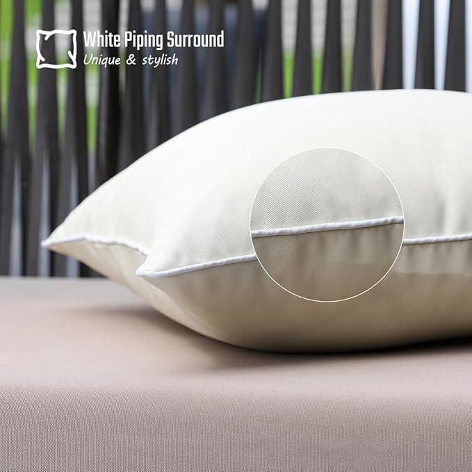 JOJOGOGO Beige Outdoor Decorative Throw Pillow Covers 18x18 Waterproof Set of 2, Farmhouse Outdoor Sunproof Porch Pillows 18 x 18 for Couch Sofa and Patio Furniture (with White Piping)