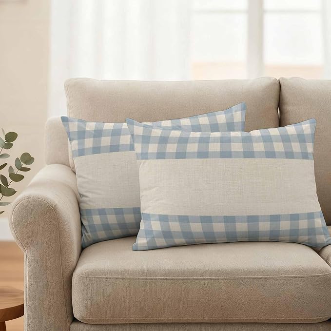 Retro Blue Outdoor Waterproof Pillow Covers, Farmhouse Buffalo Plaid Vintage Beige Decorative Rectangle Throw Pillowcase Sofa Cushion Sham for Patio/Couch/Chair, 20"x12" 2 Pack