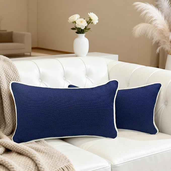 HER HWA Outdoor Lumbar Pillow Covers White Piping 20"x12" Set of 2, Blue | durable fade-resistant water-resistant 100% polyester white piping smooth zipper machine washable for indoor outdoor décor