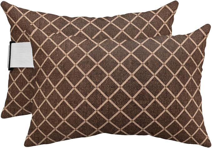 Outdoor Pillows Waterproof Covers Set of 2, Tan Diamond Pattern Adjustable Elastic Chaise Lounge Head Resting Pillows, Geometric Plaid Lines Lumbar Pillow for Pool Beach Patio Furniture 20x12 Inch