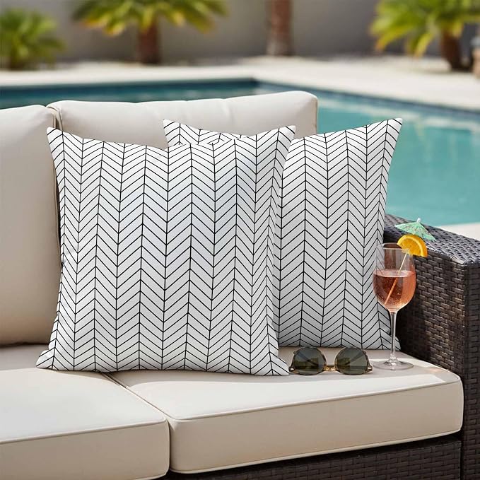 Outdoor Waterproof Throw Pillow Covers Set of 2 Black White Chevron Stripes Pillowcases 18x18 Inches Modern Geometric Texture Decorative Pillows Cushion Case Patio Pillows for Couch Bed Chair Garden