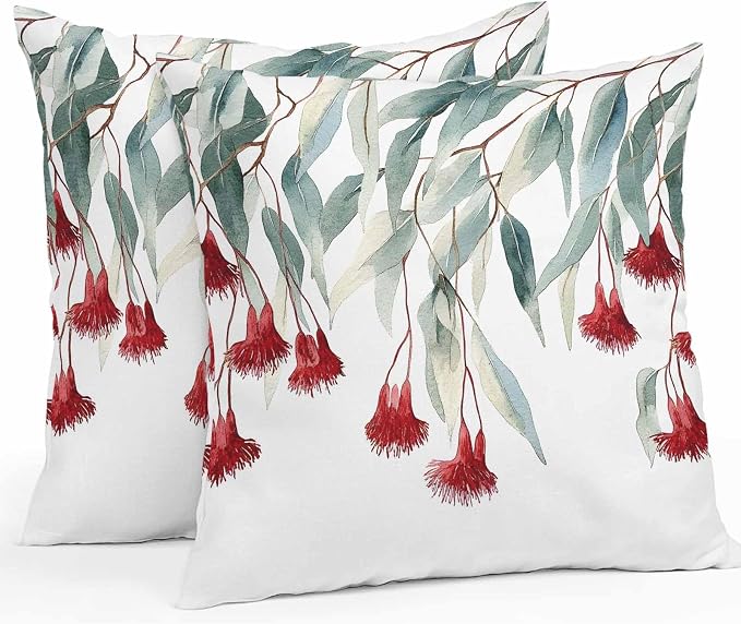 Red Floral Leaves Waterproof Outdoor Pillow Covers Set of 2 Home Decor, Pastoral Rustic Botanical Flowers Pillowcase Patio Pillow Covers for Couch Bench Furniture Garden 26x26in