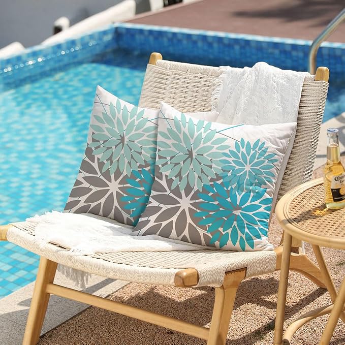 DFXSZ Pack of 2 Outdoor Waterproof Throw Pillow Covers 18x18 LightBlue Grey | Polyester Colorful Spring Summer Floral Decorative Cushion Cases(NO INSERT),For Couch Patio Funiture Garden Home Decor