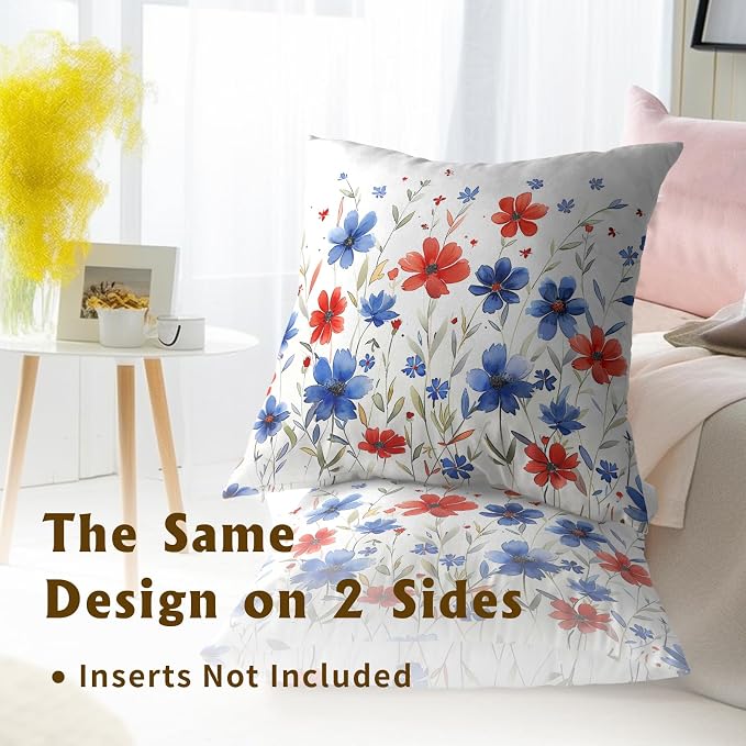 4th of July Pillow Covers 20x20 Set of 2 - Watercolor Flower Poppy Patriotic Decorative Square Cushion Cover Soft Cotton Linen Pillowcase for Couch Bed Sofa Room Decor
