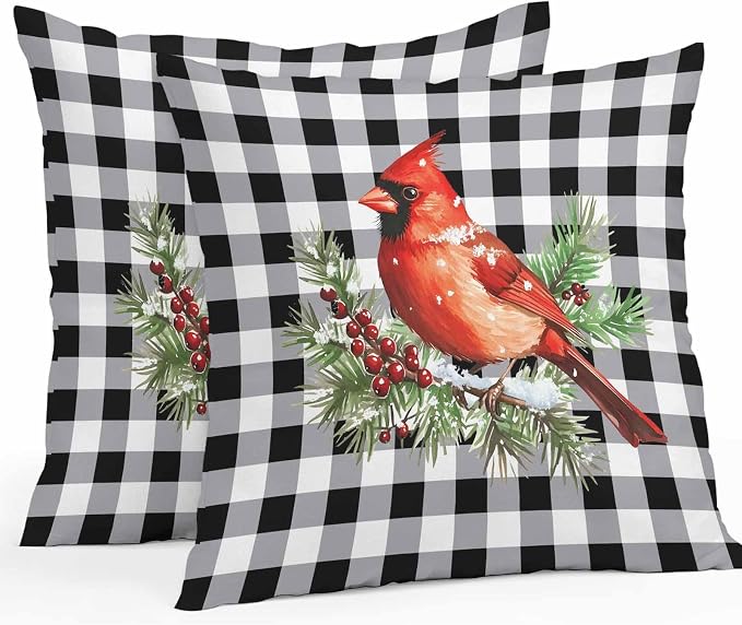 Vandarllin Christmas Outdoor Throw Pillows Covers 18X18 Set of 2 Waterproof Red Cardinals Decorative Zippered Lumbar Cushion Covers for Patio Furniture, White Black Buffalo Check Plaid