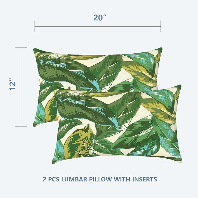 LVTXIII Outdoor/Indoor Lumbar Pillows, Decorative Patio Lumbar Cushions, Fluffy Water Repellent Garden Cushions for Home Patio Coach Sofa Use, 12×20 Inch, Pack of 2, Lush Leaf Jungle