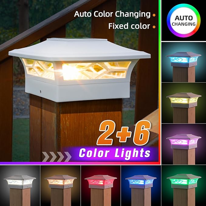 APONUO Solar Post Cap Lights with 8 RGB Colors and Multicolor Flow, Ultra-Bright Clear Lens, IP65 Waterproof for 4x4 5x5 6x6 Wood & Vinyl Fence Posts, 4 Pack White