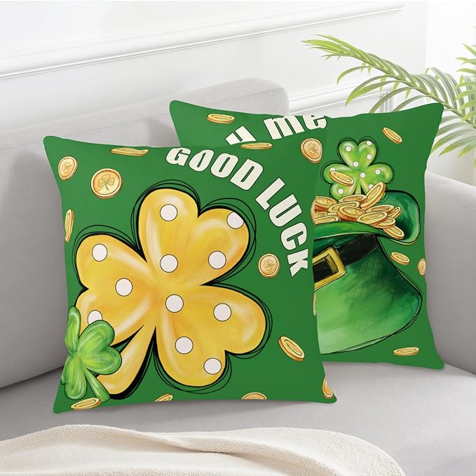 Pack of 2 St Patrick's Day Pillow Covers Polka Dots Clover Throw Pillow Covers 16x16 Lucky Hat Filled with Gold Coin Shamrock Pillow Cases Saint Patricks Day Decorations for Home