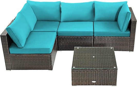 HAPPYGRILL 5PCS Patio Furniture Set Outdoor Rattan Wicker Sofa Set with Coffee Table Sectional Sofa Conversation Set with Pillows Cushions for Backyard Porch Garden Poolside